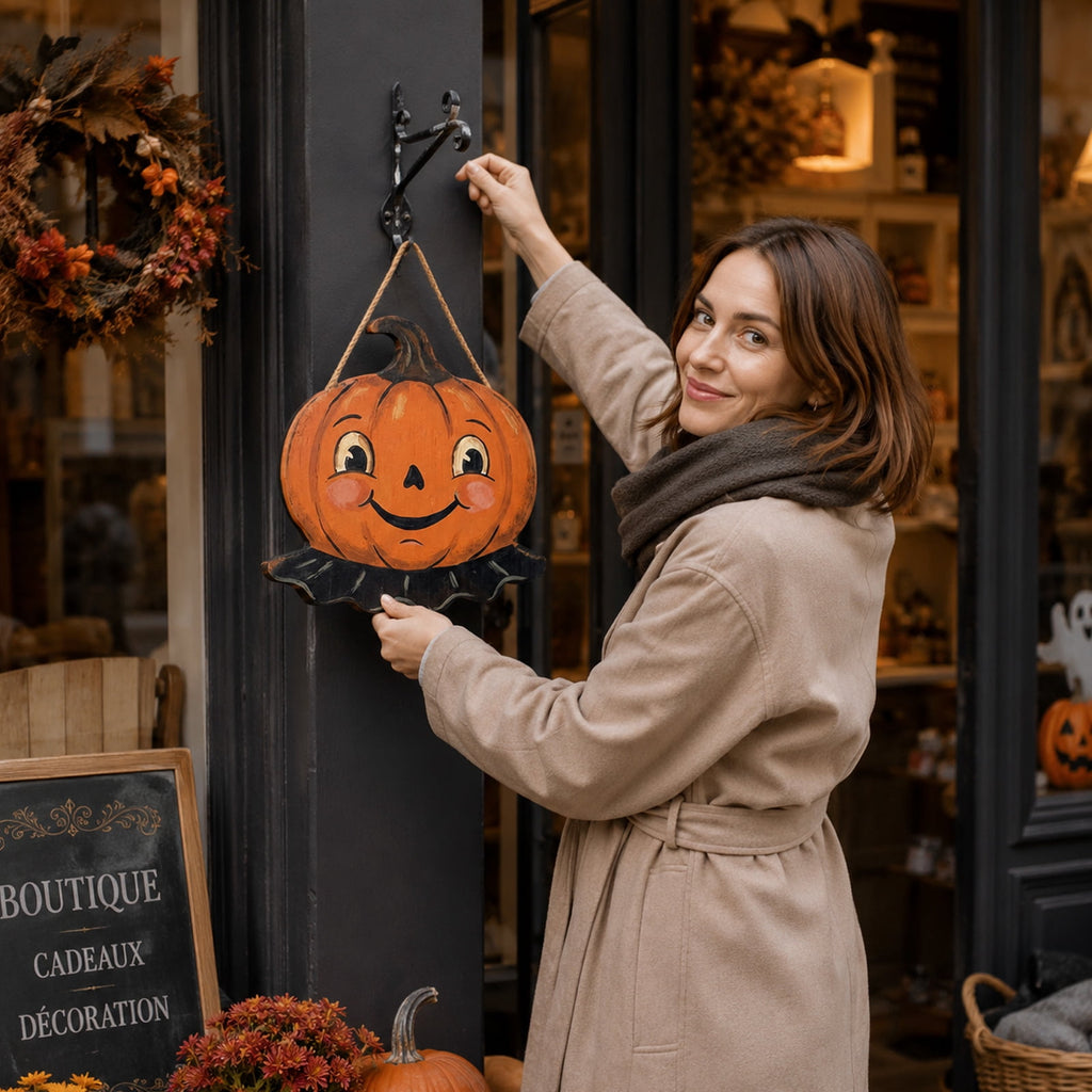 Yashow 2D Wooden Halloween Door Hanger, Vintage Pumpkin Sign 13.78x10.63 Inch, Rustic Retro Folk-Art Wall Decor for Porch, Room and Farmhouse, Festive Home Gift