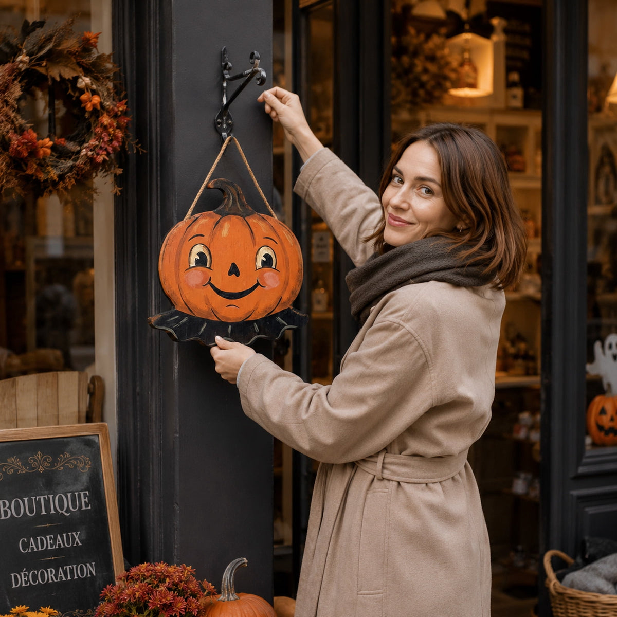 Yashow 2D Wooden Halloween Door Hanger, Vintage Pumpkin Sign 13.78x10.63 Inch, Rustic Retro Folk-Art Wall Decor for Porch, Room and Farmhouse, Festive Home Gift