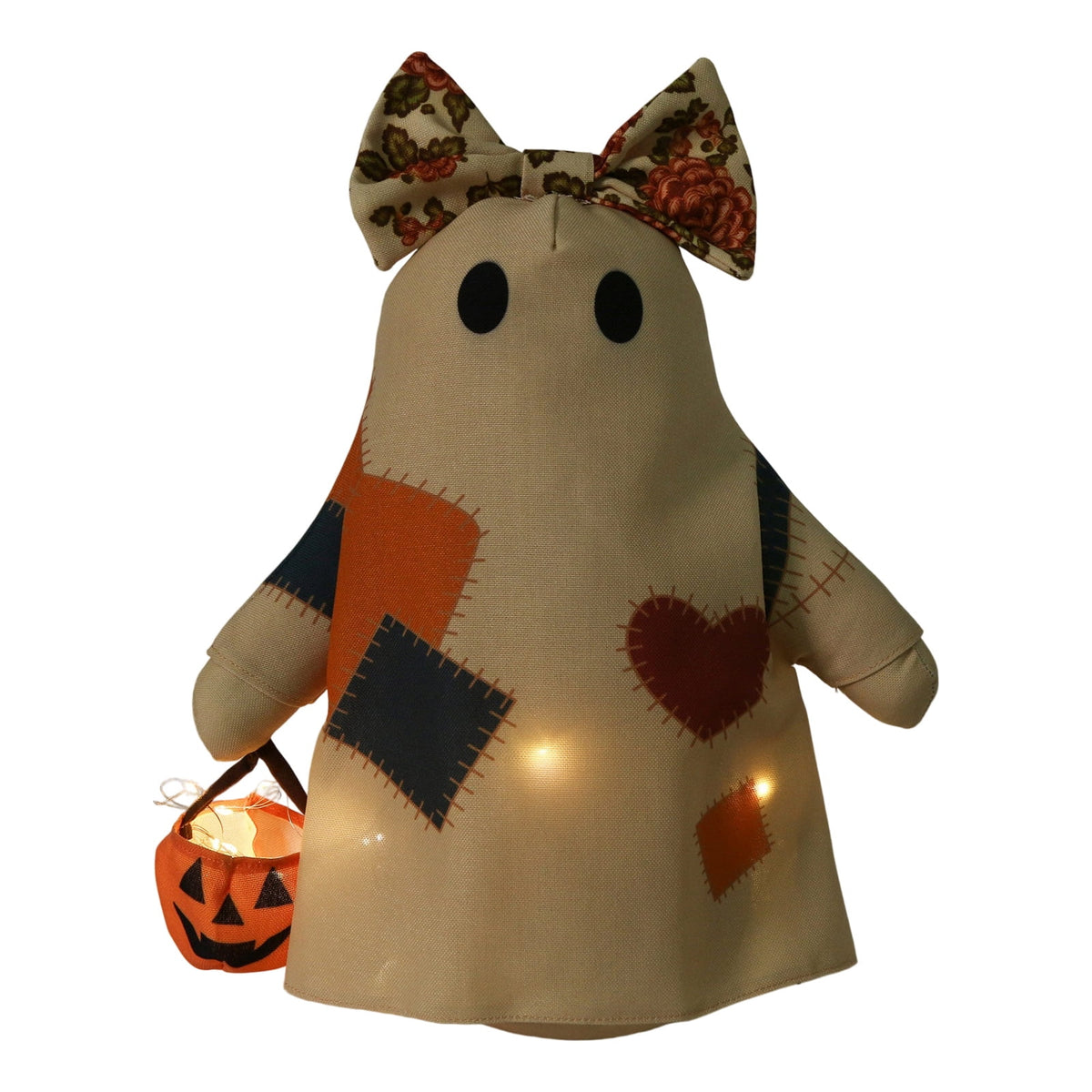 Lighted Vintage Patchwork Ghost, Light Up Ghost with Pumpkin Lantern Halloween Decor, Indoor Tabletop LED Ghost, Retro Patchwork Halloween Ornament with Pumpkin Bucket for Mantel Shelf Entryway Porch