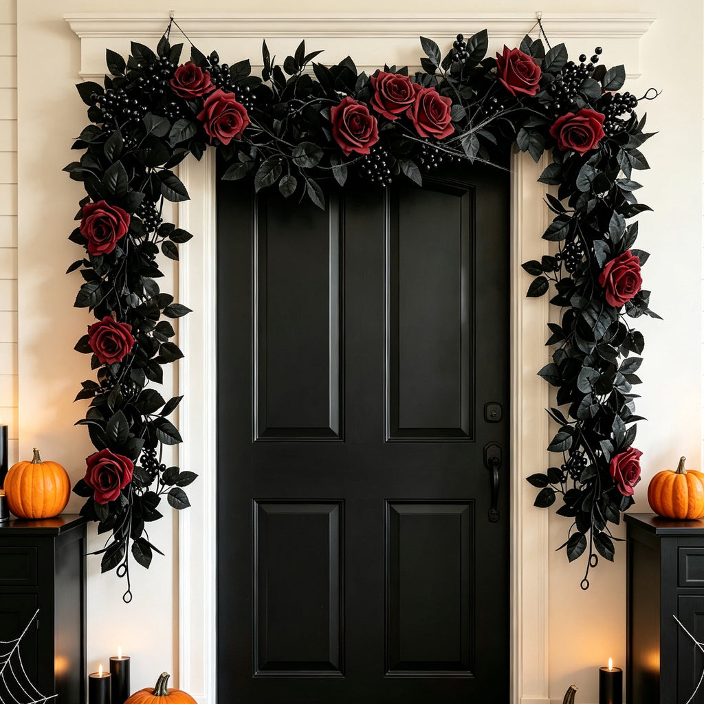Halloween Black Garland with LED Lights 70.87 Inch Gothic Foliage for Mantel Stair Halloween Party Home Indoor Decor