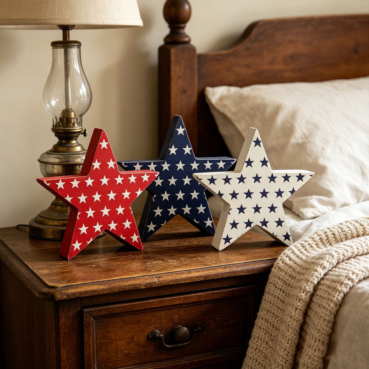 Japceit 3Pcs 4Th Of July Decorations Wooden Stars,Red White Blue Patriotic Decor, Independence Day Ornaments Set,For Home Office Table Shelf