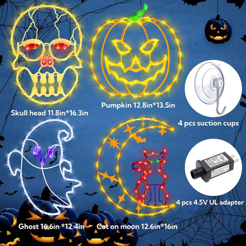16" Halloween Window decorate Plug Light Ghost Cat on Moon Skull Head Pumpkin door decor-4 Pack Halloween Window lights