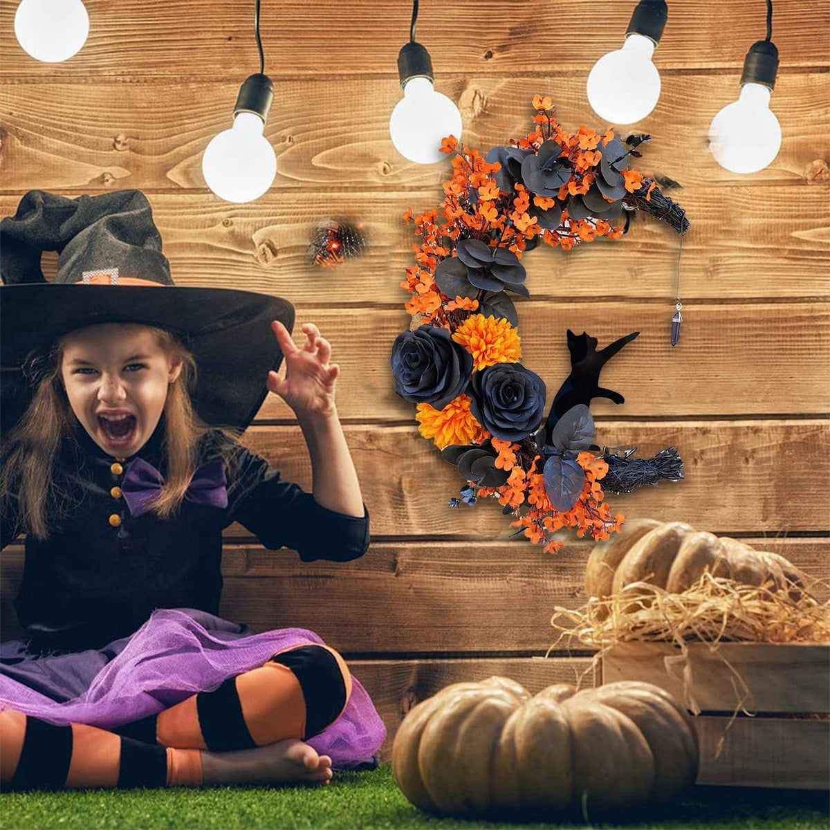 Halloween Moon & Cat Wreath with Lights - Gothic Black Branch Wreath for Front Door, Indoor/Outdoor Spooky Decor with LED Illumination