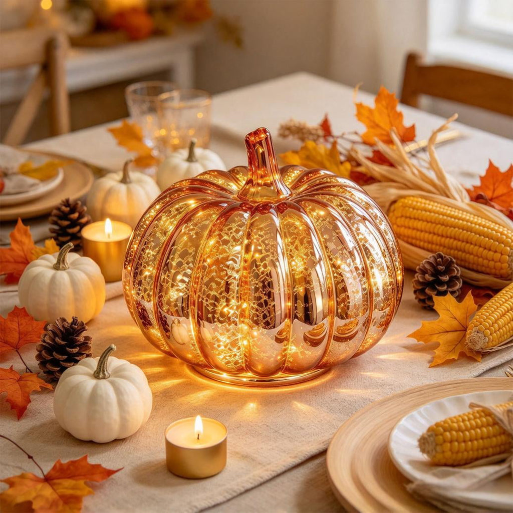 Fall Mercury Glass Light up Pumpkin Decor Fall Decoration for Home Thanksgiving Lamps for Festive Decoration Halloween Decorations Starry Night Pumpkins Tabletop Centerpiece Fall Home Decor