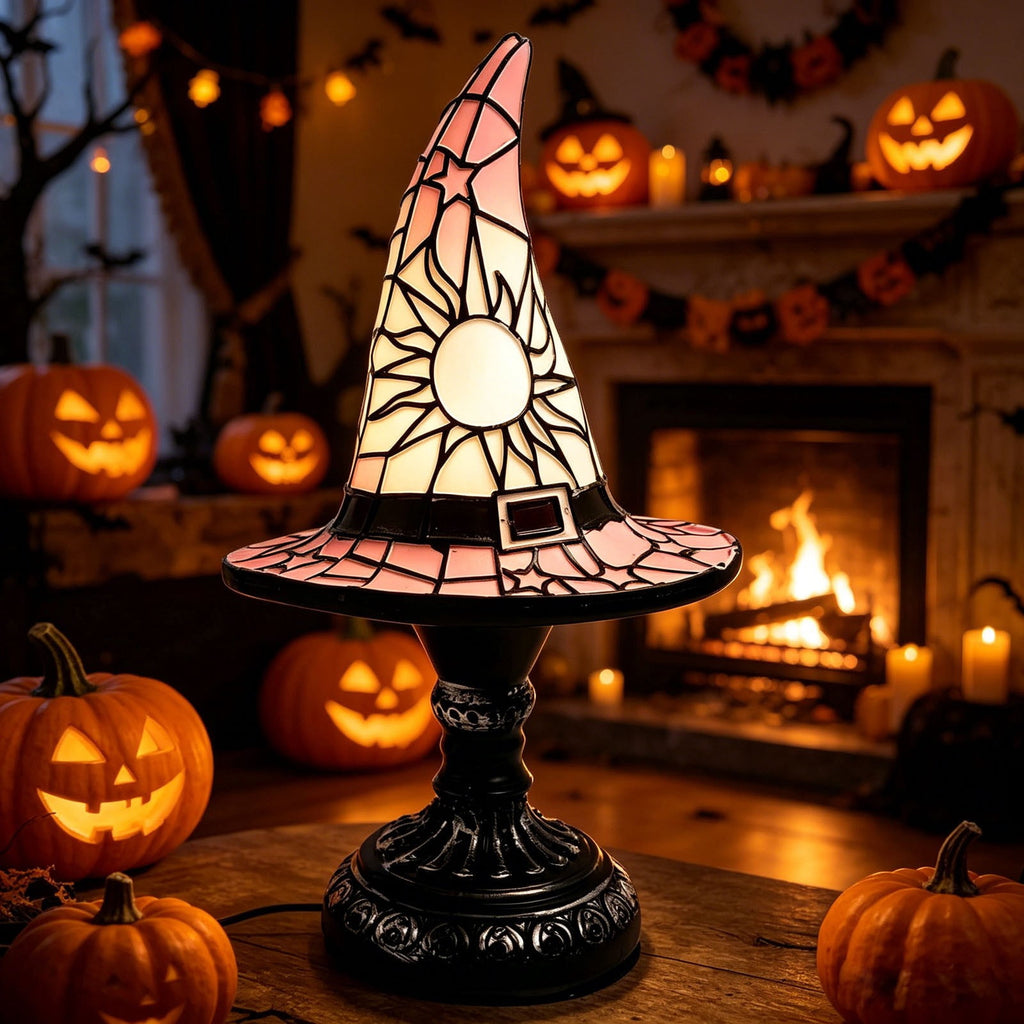 Stained Glass Witch Hat Lamp Gothic Halloween Lighting Decor, Vintage Witchy Hats Night Lights, Handcrafted Retro Resin Table Lamp for Bedroom, Living Room & Home Decor