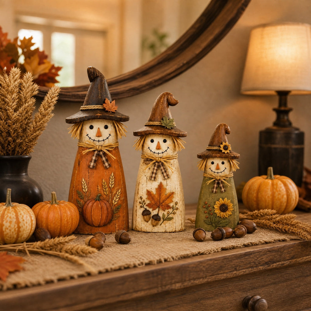 Set of 3 Vintage Distressed Wooden Scarecrow Figurines,Fall Harvest Tabletop Decor,Farmhouse Autumn Pumpkin Maple Sunflower Statues for Mantel Shelf Home Display