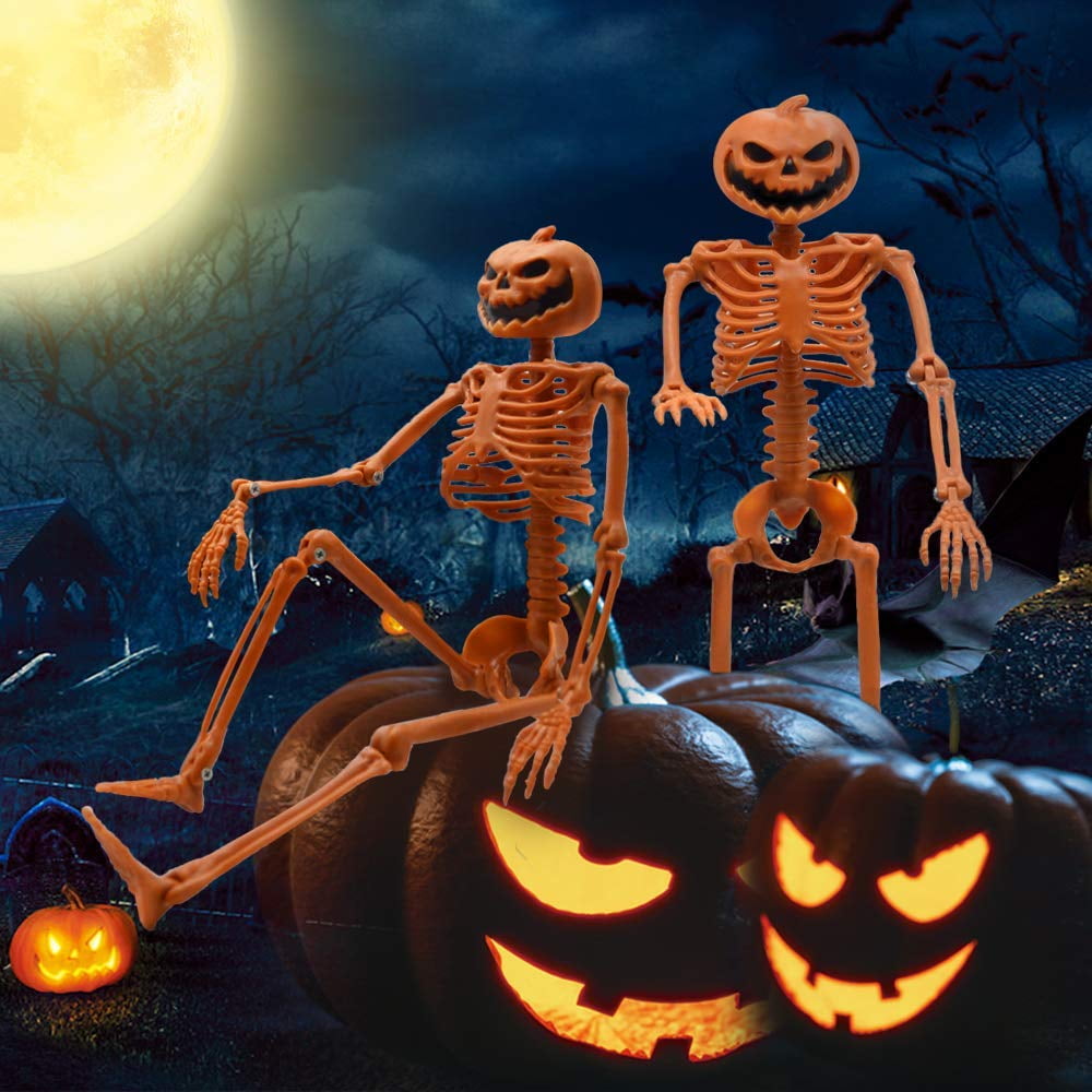 TETOU Halloween Pumpkin Skeleton Decorations with Posable Joints Skeletons for Party Haunted House Props Decorations, 2 Packs
