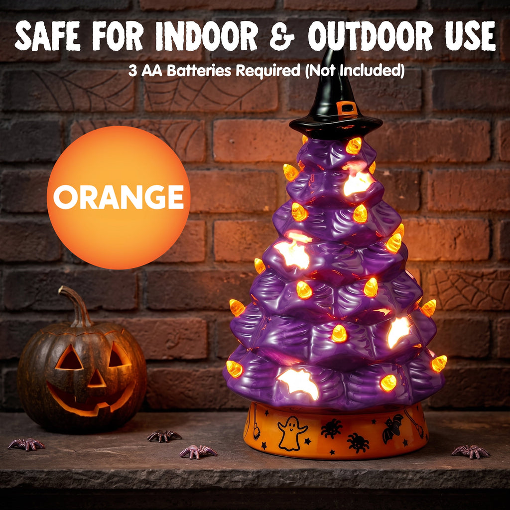 Joyfy 8.5 inch Halloween Decorations Ceramic Gnome Tree Decorations with Build-in LEDs,Light Up Pumpkin Table Decor Bedroom Indoor Centerpieces for Tables