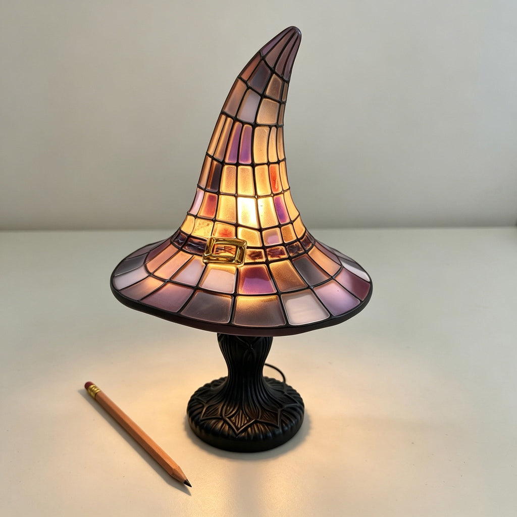 Stained Glass Witch Hat Lamp Gothic Halloween Lighting Decor, Vintage Witchy Hats Night Lights, Handcrafted Retro Resin Table Lamp for Bedroom, Living Room & Home Decor