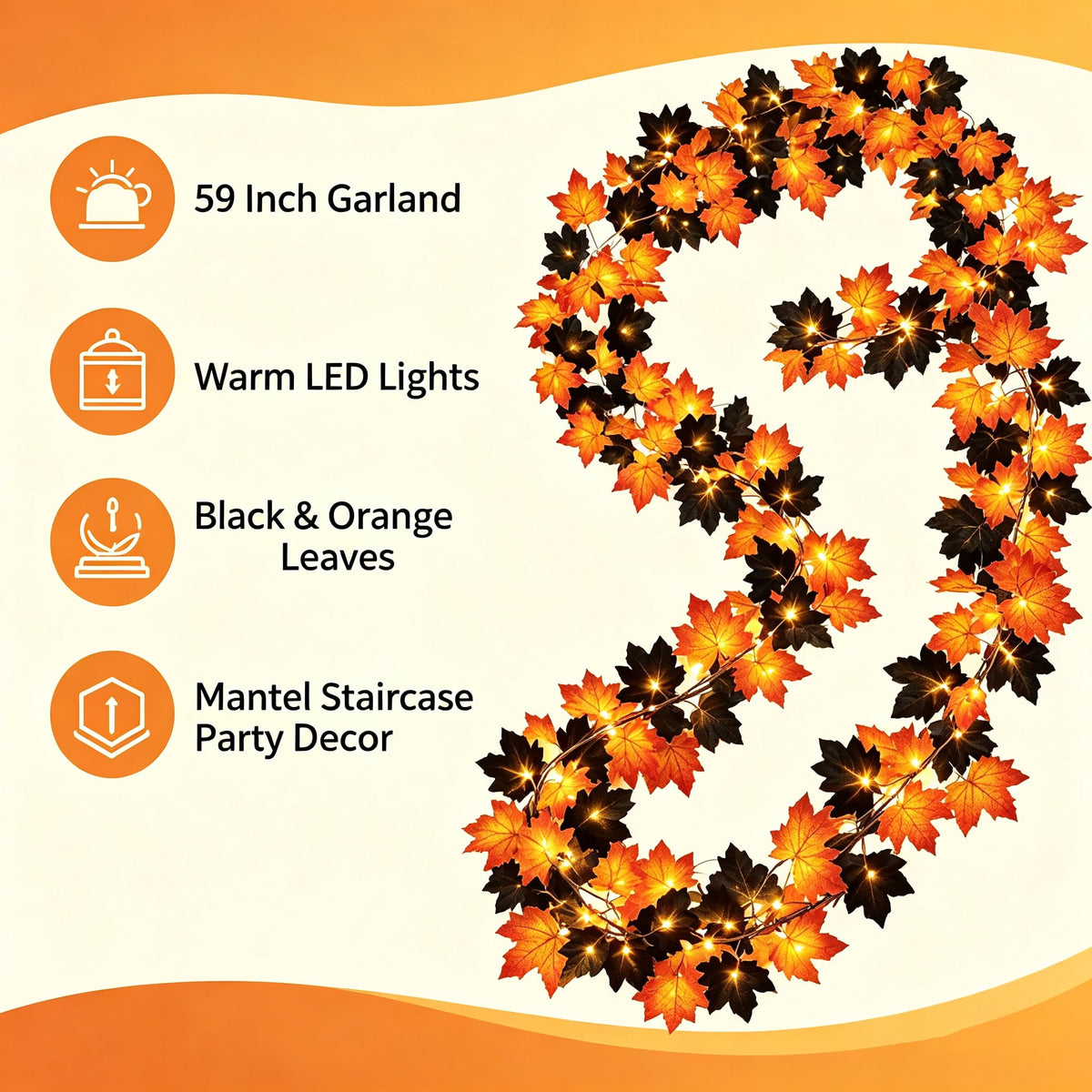 Halloween Black Garland with LED Lights 70.87 Inch Gothic Foliage for Mantel Stair Halloween Party Home Indoor Decor