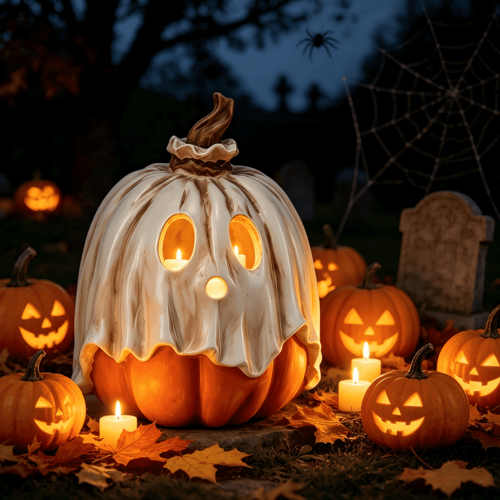9.8" Halloween Ghost Pumpkin Candy Bowl Decorations, 2-in-1 Ghost Jack O' Lantern Figurine Tealight Candle Holder for Indoor Outdoor Front Porch Fall Tabletop Decor