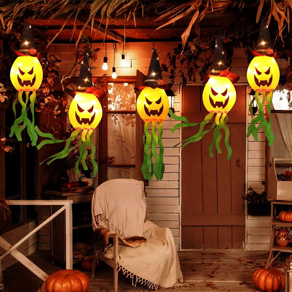 TETOU 5Pcs Halloween Decorations Outdoor Hanging Lights, Glowing Pumpkin Witch Hat Led Scary Light for Indoor Outside Party Tree Garden Porch Halloween Decoration - Warm Color