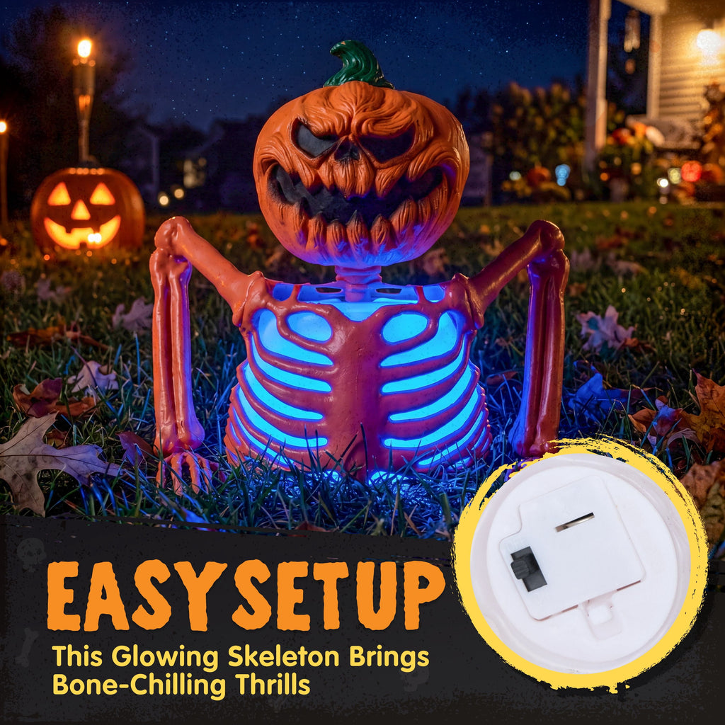 Joyfy Halloween LED Light Up Skeleton Pumpkin Table Decor,Multicolor Lighted Pumpkin Skeleton Ornament Indoor Outdoor Desk & Party Tabletop Decoration Supplies