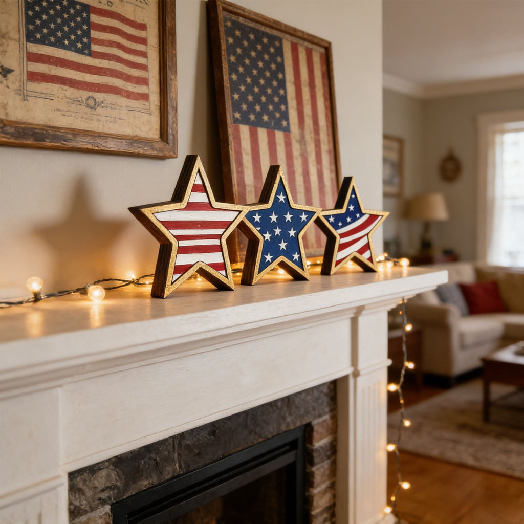 Japceit 3Pcs 4Th Of July Decorations Wooden Stars,Red White Blue Patriotic Decor, Independence Day Ornaments Set,For Home Office Table Shelf