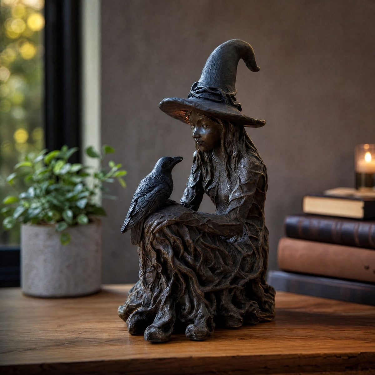 2026 New Halloween Mossy Tree Witch With Crow Light Up 7" Resin Figurine Rave Mantel Shelf Party Decorations