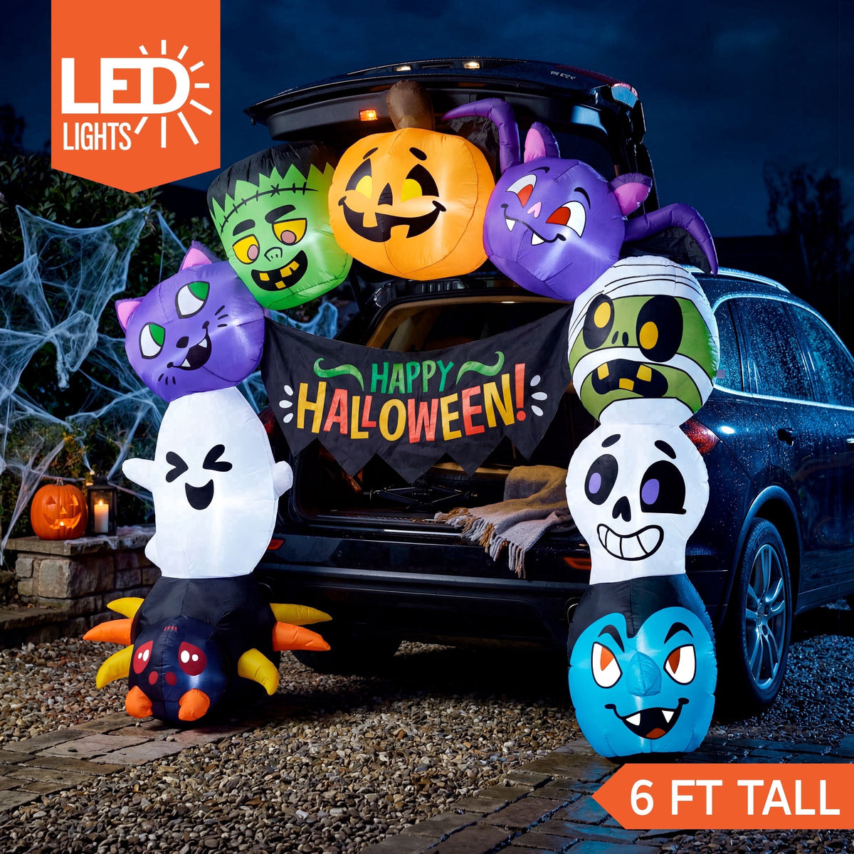 Joyfy 5 FT Halloween Inflatable Ghost Decoration with Colorful LEDs,Trunk or Treat Car Decorations Kit Ghost Trio with Built-in LED Light for Halloween Party Indoor,Outdoor,Yard,Garden Decor