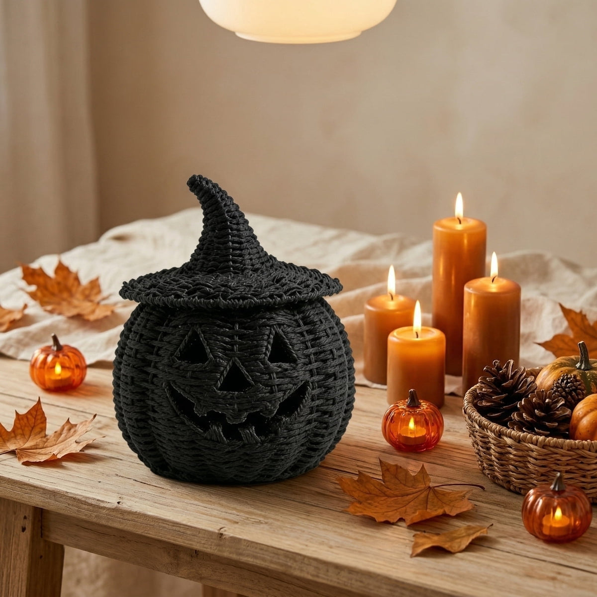 Halloween Woven Seagrass Pumpkin for Spooky Halloween Candy Storage and Home Decor, Black Handcrafted Witch Hat Woven Seagrass Lantern for LED Candy（B）