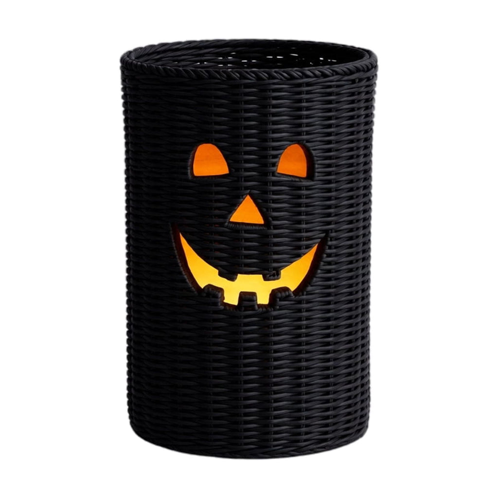 Aximioll Halloween Black Woven Jack-O-Lantern Pumpkin Decor, Hand Woven Rattan Wicker Style Statue, Trick or Treat Candy Bowl Lantern for Porch Entryway Fireplace Mantel Table, Black, 11 Inches