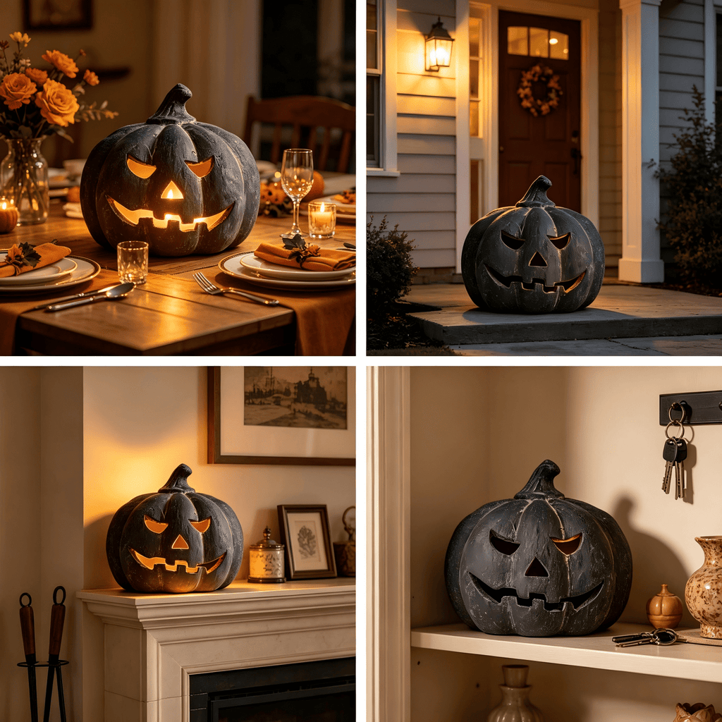 Halloween Decorations - 5.9" Black Handmade Resin Jack O Lantern Pumpkin Fall Decor, Indoor Outside Gothic Festival House Centerpiece Decoration for Table Garden Living Room Mantel