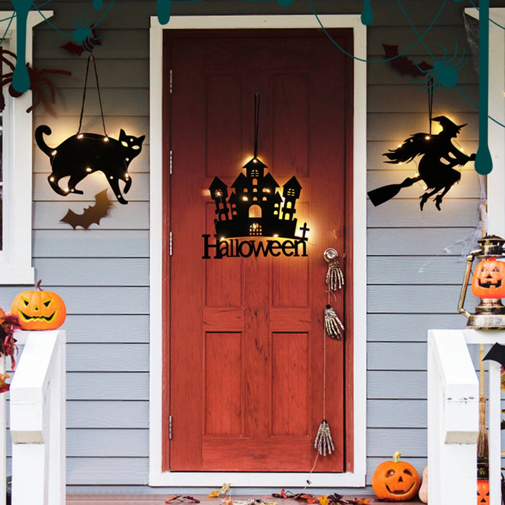 CASAFUN Halloween Window Lights Halloween Silhouette Lights Battery Operated Pumpkin Witch Bat Ghost Spider Web Cat Castle Lighted Halloween Signs with for Indoor Outdoor Decorations