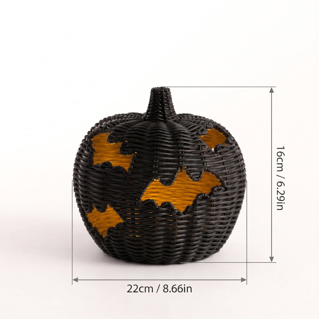 Aximioll Halloween Black Woven Jack-O-Lantern Pumpkin Decor, Hand Woven Rattan Wicker Style Statue, Trick or Treat Candy Bowl Lantern for Porch Entryway Fireplace Mantel Table, Black, 11 Inches