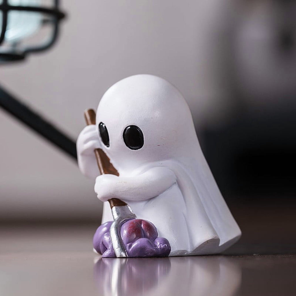Halloween Ghost Figurine, Resin Lighted Ghost Ornament with Pumpkin Lantern & Beverage Cup, Tabletop Halloween Indoor Decor