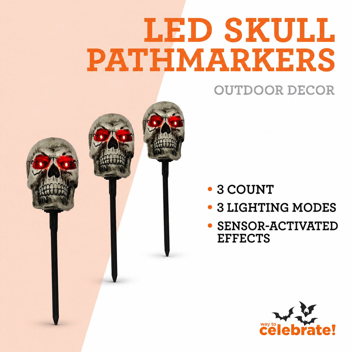 Outdoor Battery-Operated LED Skull Pathmarkers, 17", 3 Count, Halloween by Way To Celebrate