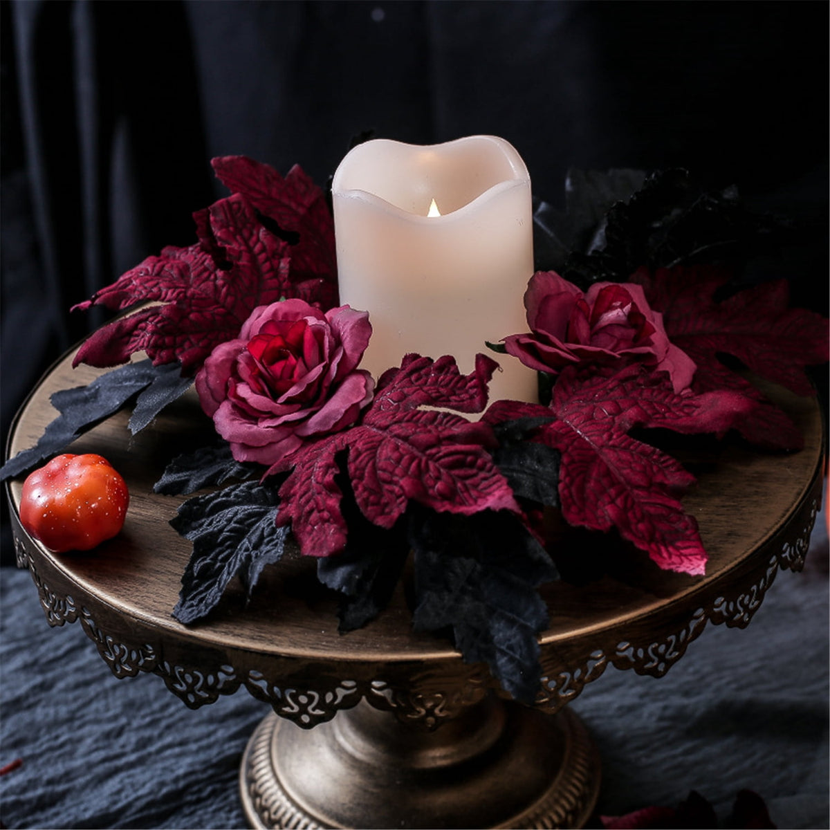 TETOU 2Pcs Halloween Candle Rings Wreath for Pillar Candle Holder, Maple Leaf Black Rose Small Wreaths for Fall Thanksgiving Home Table Centerpieces, Cabinet Decorations - Black