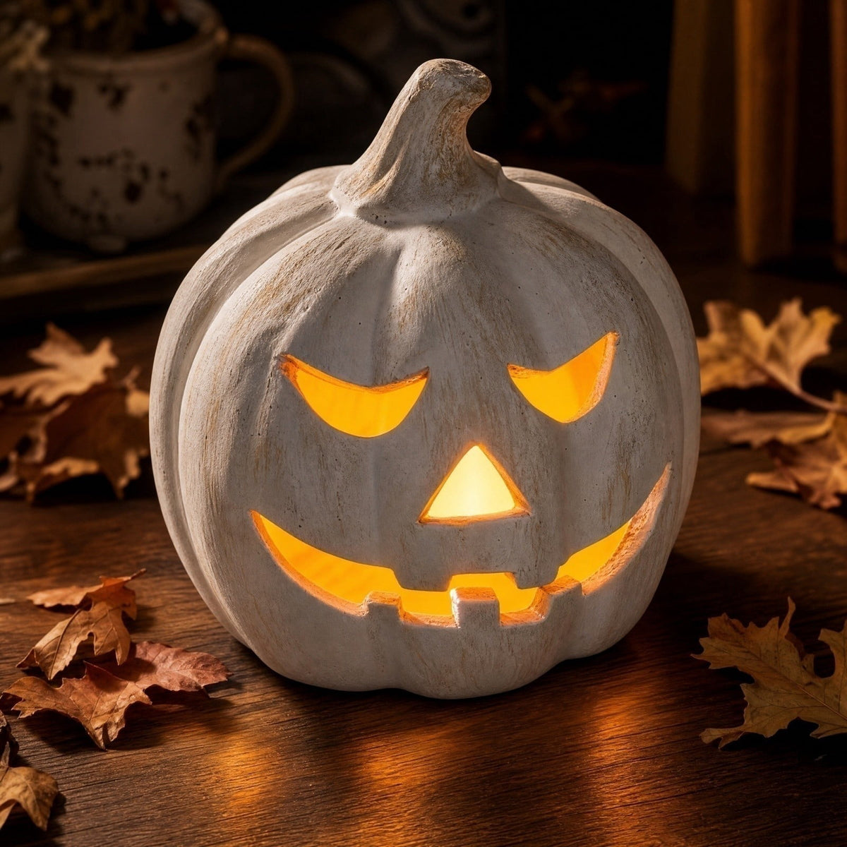 Halloween Pumpkin Lantern Decor, White Handmade Resin Jack O Lantern with Flameless Candle Glow, Vintage Fall Decoration for Front Door Porch Patio Table