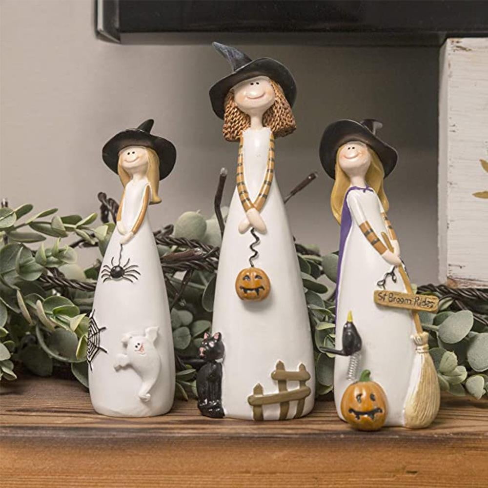 Halloween Witches Figurine Tabletop Decor,Resin Witch Statues Decorations with Classic Witches Hats,Cat,Ghost,Crow, and Pumpkins,Holiday,Party,Home Decor and Fall Decor
