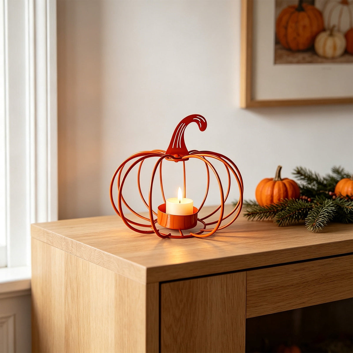 romoty Metal Wire Pumpkin Candle Holder, Vibrant Orange Iron Tealight Stand Tabletop Centerpiece Accent Halloween Thanksgiving Fall Harvest Dining Room Decoration